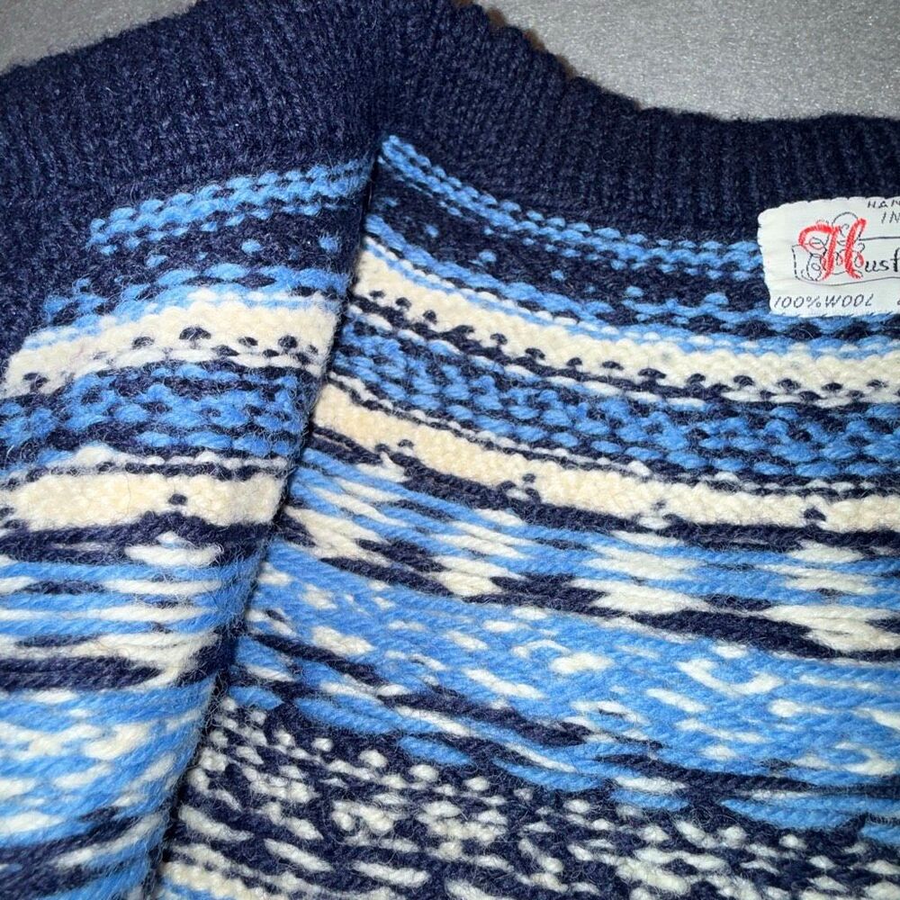 Vintage Norwegian Hand Knit Wool Cardigan Fair Isle Nordic Blue Button Front Wom - Picture 7 of 11